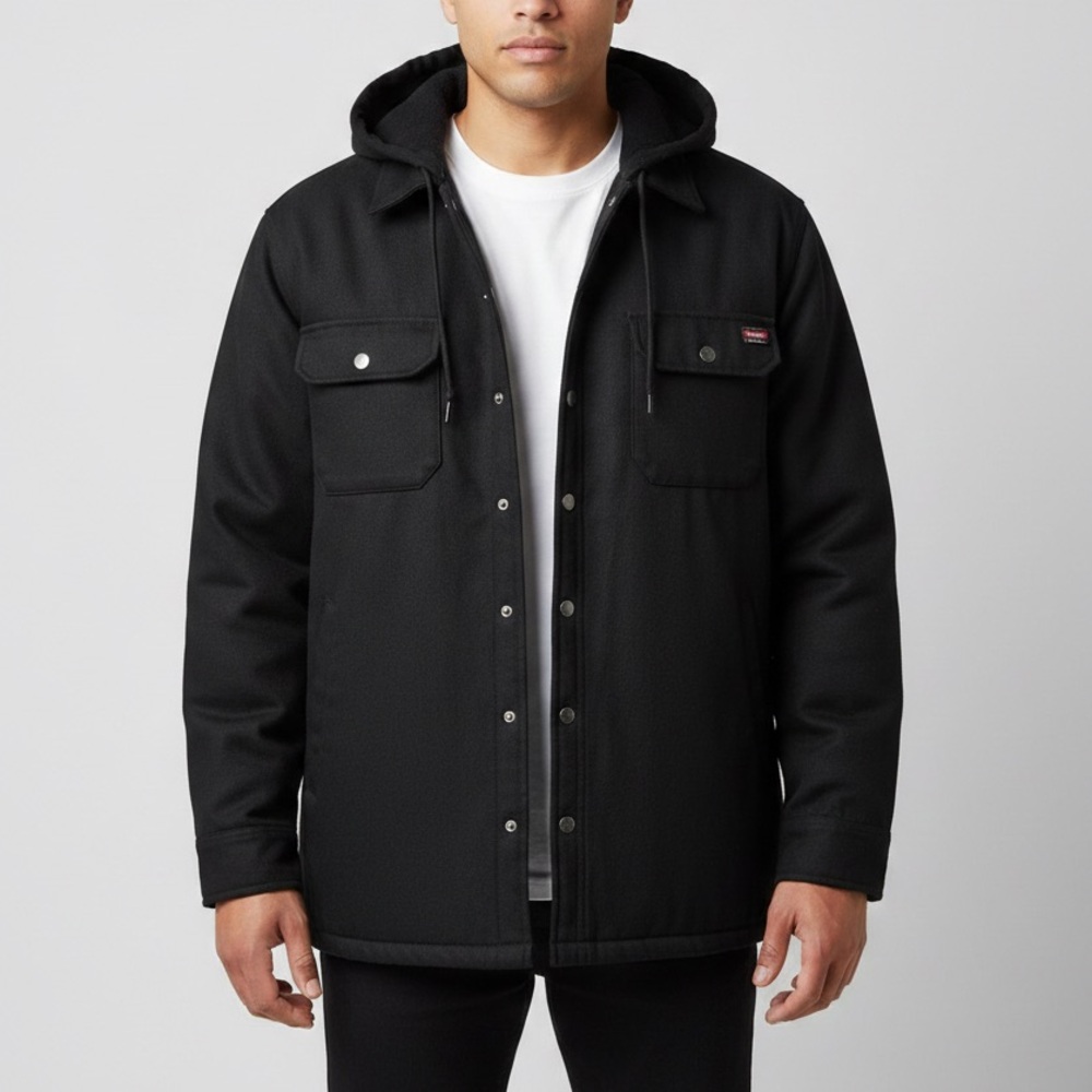 Wrangler Workwear Hooded Canvas Jacket L 42-44 Black Fleece Lined Snap Work Coat